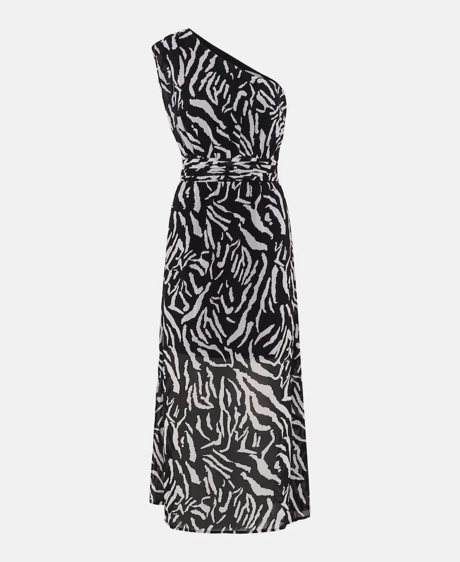 Black Animal One Shoulder Midi Dress