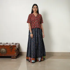 Blue - Block Print Cotton 24 Kali Patchwork Ajrakh Long Skirt 18