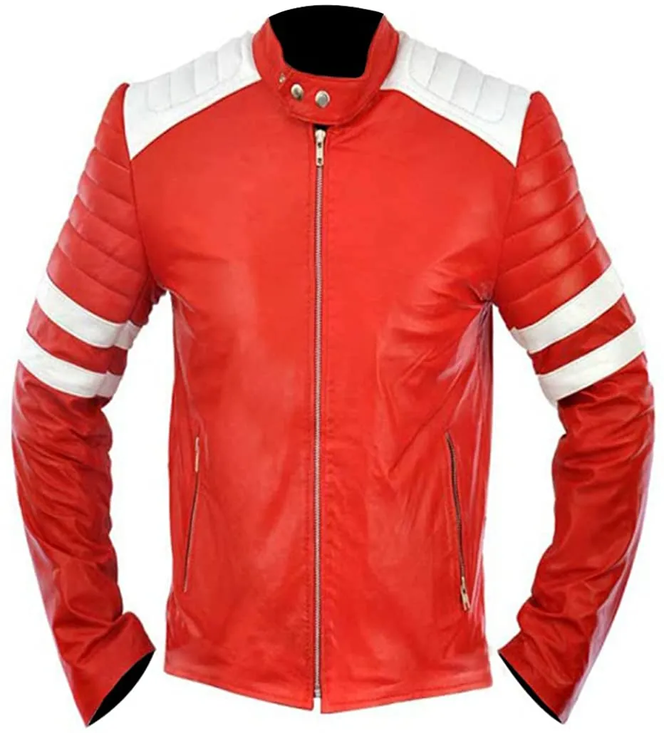 Fight Club Brad Pitt Red and White Leather Jacket