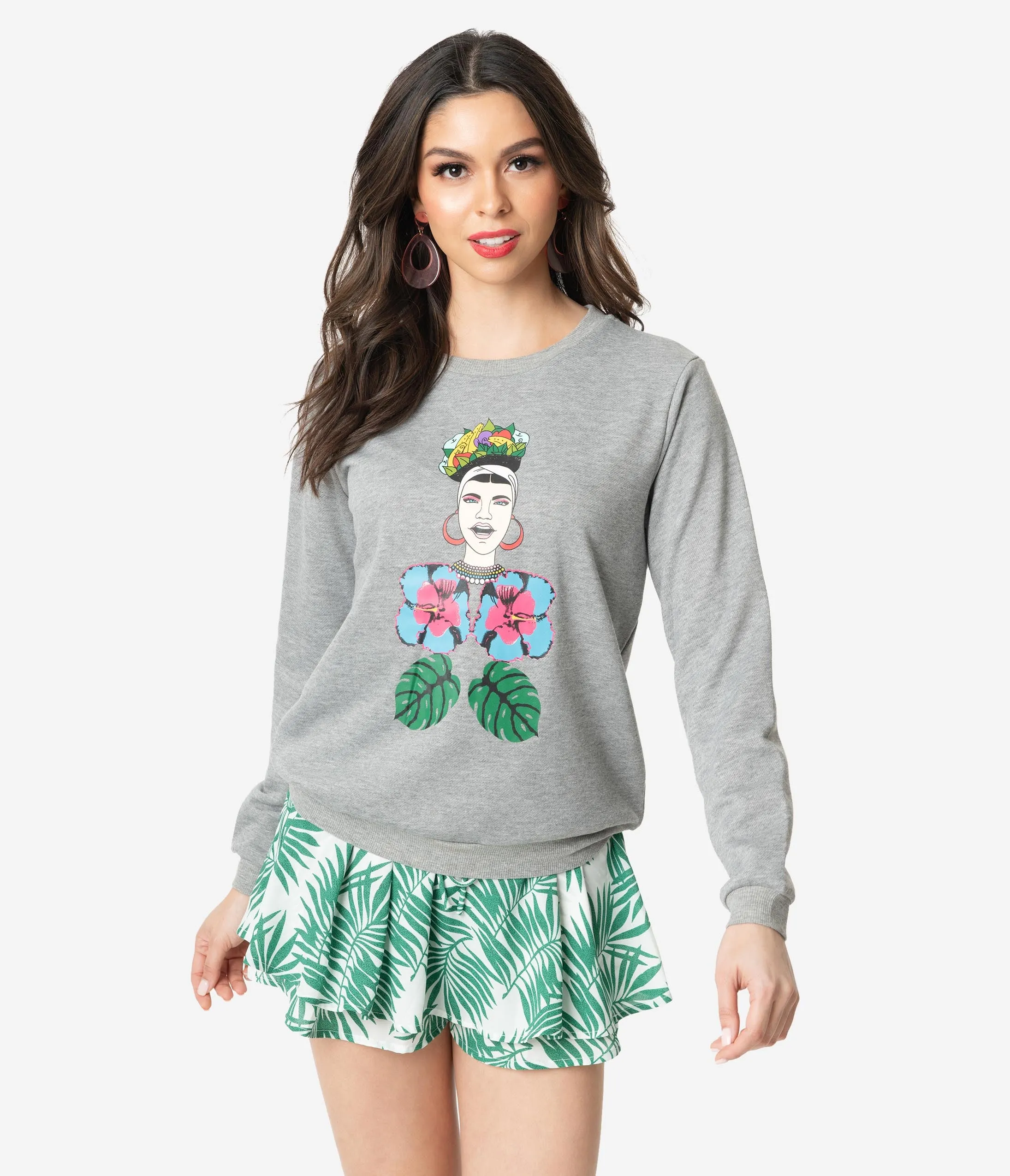 Grey Floral Queen Print Long Sleeve Sweatshirt