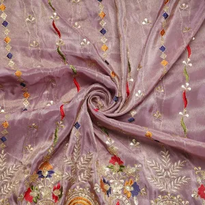 Lilac Thread Embroidery Viscose Zari Tissue Fabric 19897