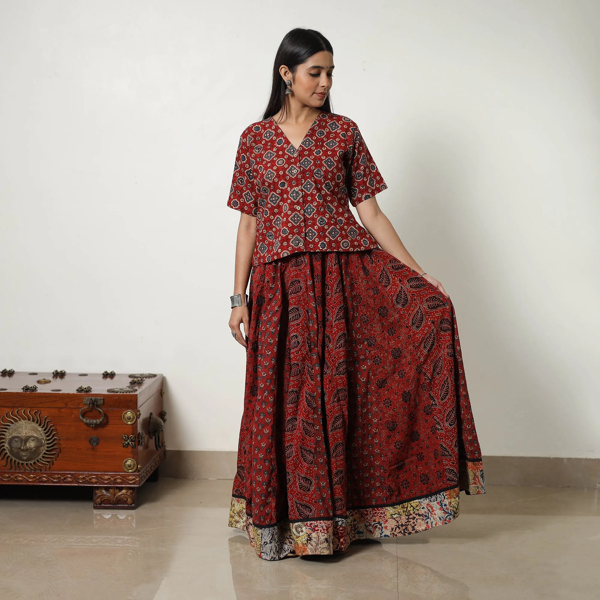 Red - Block Print Cotton 24 Kali Patchwork Ajrakh Long Skirt 05